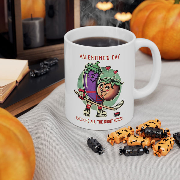 Valentine's Day Gift Hockey Coffee Mug - 11 oz | Checking All the Right Boxes - Eggplant + Peach + Hockey