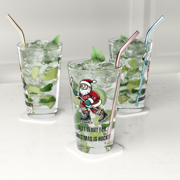 Christmas Hockey Santa Pint Glass - 16 oz