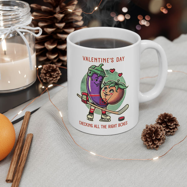 Valentine's Day Gift Hockey Coffee Mug - 11 oz | Checking All the Right Boxes - Eggplant + Peach + Hockey