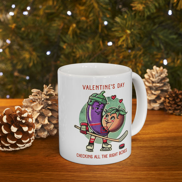 Valentine's Day Gift Hockey Coffee Mug - 11 oz | Checking All the Right Boxes - Eggplant + Peach + Hockey