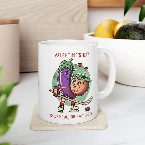 Valentine's Day Gift Hockey Coffee Mug - 11 oz | Checking All the Right Boxes - Eggplant + Peach + Hockey