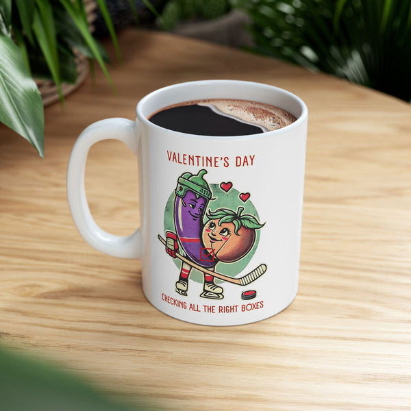 Valentine's Day Gift Hockey Coffee Mug - 11 oz | Checking All the Right Boxes - Eggplant + Peach + Hockey