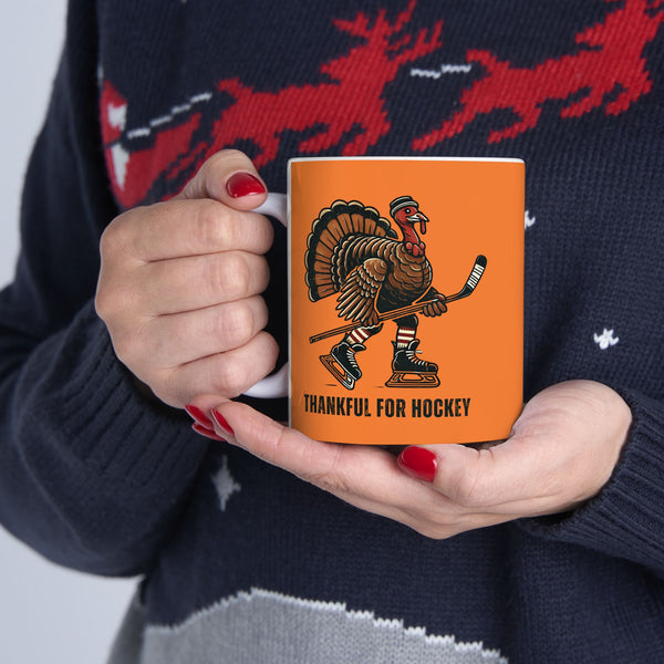 Coffee Mug - Thankful for Hockey - Skating Turkey - 11 oz